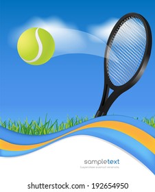 Tennis ball and racket on blue wave background