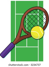 Tennis ball and racket on a tennis court