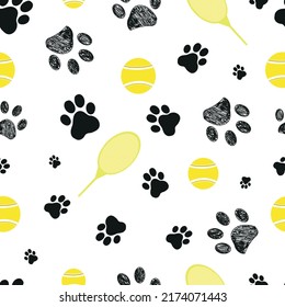 Tennis ball and racket paw prints seamless fabric design pattern