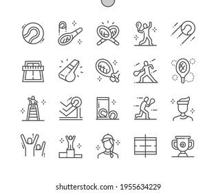 Tennis. Tennis ball and racket. Playing game and activity leisure. Sports, motion, competition. Pixel Perfect Vector Thin Line Icons. Simple Minimal Pictogram