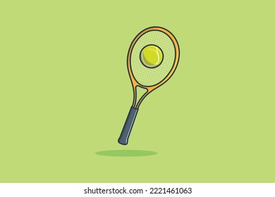 Pelota de tenis con ilustración de icono vectorial de raqueta. Concepto de diseño de iconos de objetos deportivos. El raqueta golpea un diseño de bolas verdes.