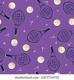 Tennis ball and tennis racket vector seamless pattern. Sports equipment seamless pattern vector. Perfect for textile, wrapping paper, card, poster.