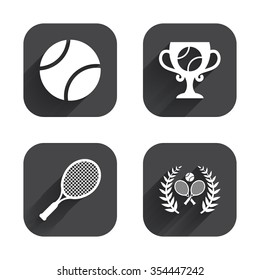 Tennis ball and rackets icons. Winner cup sign. Sport laurel wreath winner award symbol. Square flat buttons with long shadow.
