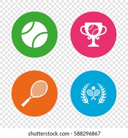 Tennis ball and rackets icons. Winner cup sign. Sport laurel wreath winner award symbol. Round buttons on transparent background. Vector