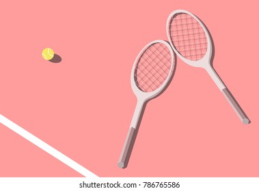 Tennis ball and rackets on the court. Flat design tennis court vector illustration