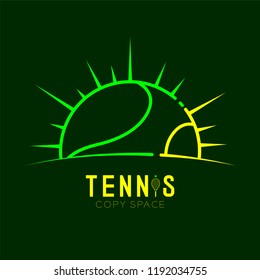 Tennis ball with radius frame logo icon outline stroke set dash line design illustration isolated on dark green background with Tennis text and copy space, vector eps 10