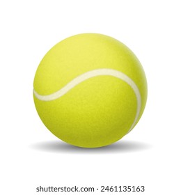 Tennis ball realistic vector illustration. Yellow sphere with curved stripe for sports game. Training equipment 3d object on white background