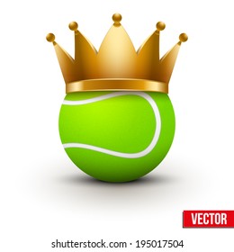 Tennis ball with royal crown. King of sport. Isolated on white. Traditional form and color. Realistic Vector illustration.