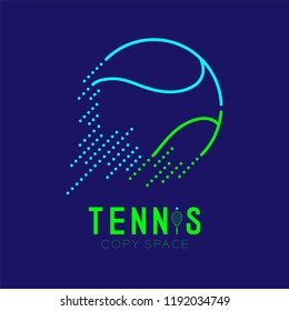 Tennis ball rushing logo icon outline stroke set dash line design illustration isolated on dark blue background with Tennis text and copy space, vector eps 10