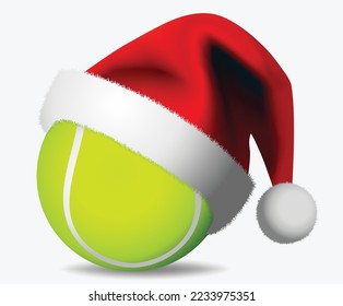 Tennis ball and Santa Claus hat - Merry christmas Card - vector design illustration on white Background