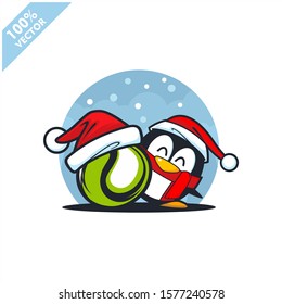 Tennis ball santa hat with cartoon christmas penguin logo vector