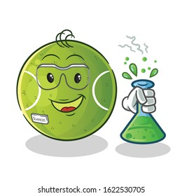 tennis ball scientists hold chemical tubes and wear glasses cartoon. cute chibi cartoon mascot vector
