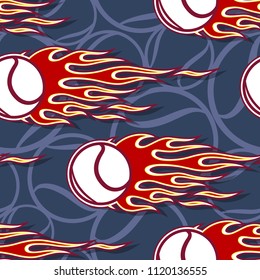 Tennis ball seamless pattern with hotrod flame. Printable vector illustration. Ideal for wallpaper packaging fabric textile wrapping paper design and any decoration.