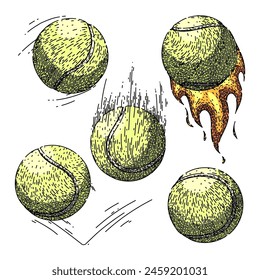 tennis ball set hand drawn. racket green, tenis object, macro view tennis ball vector sketch. isolated color illustration