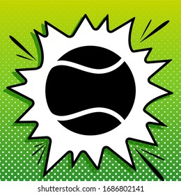 Tennis ball sign. Black Icon on white popart Splash at green background with white spots. Illustration.