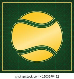 Tennis ball sign. Golden icon with gold contour at dark green gridded white background. Illustration.