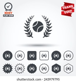 Tennis ball sign icon. Sport laurel wreath symbol. Winner award. Circle, star, speech bubble and square buttons. Award medal with check mark. Thank you. Vector