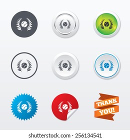 Tennis ball sign icon. Sport laurel wreath symbol. Winner award. Circle concept buttons. Metal edging. Star and label sticker. Vector