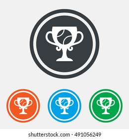 Tennis ball sign icon. Sport symbol. Winner award cup. Graphic design web element. Flat tennis ball symbol on the round button. Vector