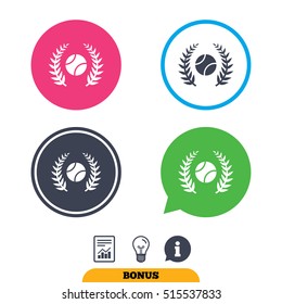 Tennis ball sign icon. Sport laurel wreath symbol. Winner award. Report document, information sign and light bulb icons. Vector