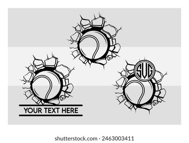 Tennis Ball, Tennis Ball Silhouette,  Sports, Tennis, Ball Image, Vector, clipart, outline, Smashing Tennis Monogram, Split Monogram, Circle Monogram