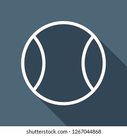 Tennis ball, sport game, outline linear icon. White flat icon with long shadow on blue background