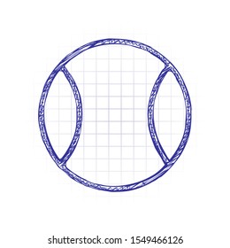 Tennis ball, sport game, outline linear icon. Hand drawn sketched picture with scribble fill. Blue ink. Doodle on white background