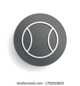 Tennis ball, sport game, outline linear icon. White paper symbol on gray round button or badge with shadow