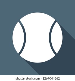 Tennis ball, sport game, simple icon. White flat icon with long shadow on blue background