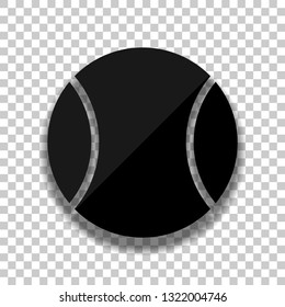 Tennis ball, sport game, simple icon. Black glass icon with soft shadow on transparent background