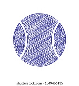 Tennis ball, sport game, simple icon. Hand drawn sketched picture with scribble fill. Blue ink. Doodle on white background