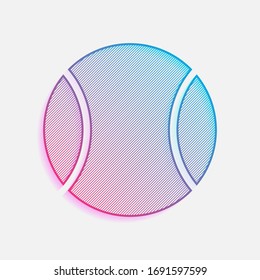 Tennis ball, sport game, simple icon. Colored logo with diagonal lines and blue-red gradient. Neon graphic, light effect