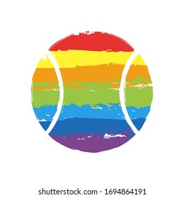 Balón de tenis, juego deportivo, icono simple. Signo de dibujo con estilo LGBT, siete colores arcoiris (rojo, naranja, amarillo, verde, azul, índigo, violeta)