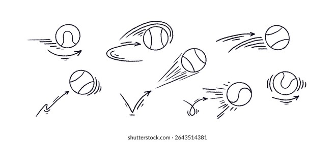 Tennis ball trajectory of bounce. Sport hand draw sign. Kick speed. Abstract flying play. Vector line icon, crayon elements. Sketch doodle illustration, emblem set
