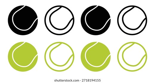Tennis Ball Vetor Icon Set, Silhuetas e Contornos Isolados de Bola de Tênis Verde e Preto no Fundo Branco para Equipamentos Esportivos e Design de Campeonato.