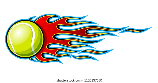 Tennis ball vector illustration with hot rod flames. Ideal for printable sticker decal sport logo design and any decoration.