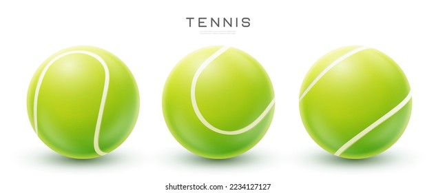 Tennisball, Vektorgrafik realistisch in verschiedenen Ansichten. Sportgeräte einzeln auf weißem Hintergrund EPS10