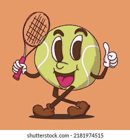 tennis ball walking mascot vector illustration with face. for vintage retro logos and branding. funky vintage style cartoon face vector illustration