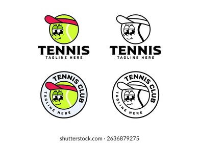 tennis ball wearing hat colorful mascot illustration logo design. tennis ball head character circle outline badge logo design set for tennis sport club and tournament