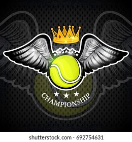 Tennis ball with wings and crown. Vector sport logo for any team and championship