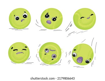 Tennis balls characters in cartoon style set. A collection of cute sports equipment emotions. Vector illustration for competition and tournament.