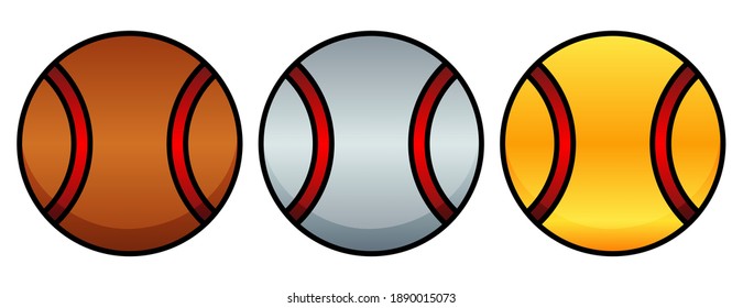 Tennis balls colored in bronze, silver and gold with red ruby colored shiny stripes. Badges or medals for winning tournament or award for champion and participants of sports game.