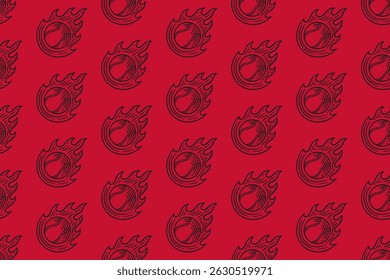 bolas de tênis com fogo cometa linha arte padrão sem costura no fundo vermelho. bola retro do tênis com fogo queima gravura padrão de incubação fundo de papel de parede para tênis esporte mercadoria