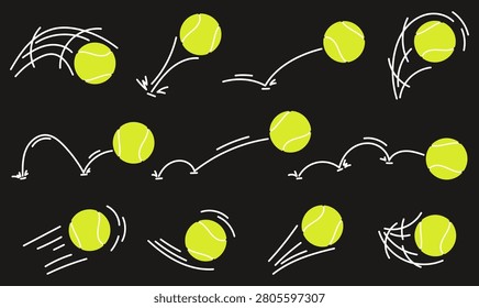 Tennis balls with flight paths set. Ball trajectory collection on dark background. Sport motion elements for game strategy and training.