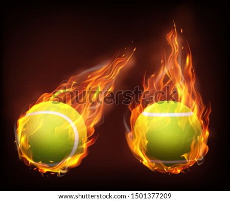 Tennis balls flying in fire, falling in flames side, front view, isolated 3d realistic vector illustrations. Racket sport inventory store ad, tennis competition or tournament promotion design element