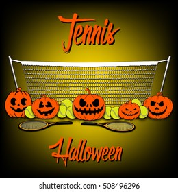 Tennis balls and halloween pumpkins on a background of the tennis nets. Vector illustration