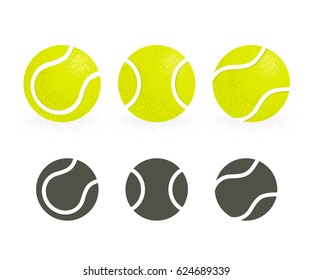 Tennis balls set. Black silhouette icons and realistic color version. Retro style stipple shading. - Shutterstock ID 624689339