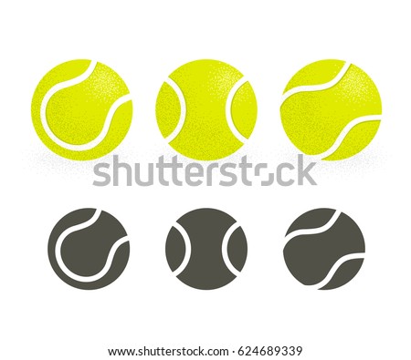 Tennis balls set. Black silhouette icons and realistic color version. Retro style stipple shading.