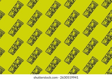bolas de tênis com tubo contêiner linha arte padrão sem costura em fundo verde. retro pack de bolas de tênis gravando padrão de hachura fundo papel de parede para tênis esporte mercadoria