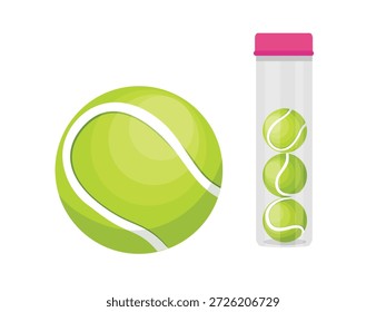 Juego de Ilustración vectorial de pelotas de tenis. Diseño plano moderno de pelotas de tenis clásicas y contenedores de tubo de presión aislados sobre fondo blanco. Equipamiento deportivo para profesionales del popular juego de cancha.
